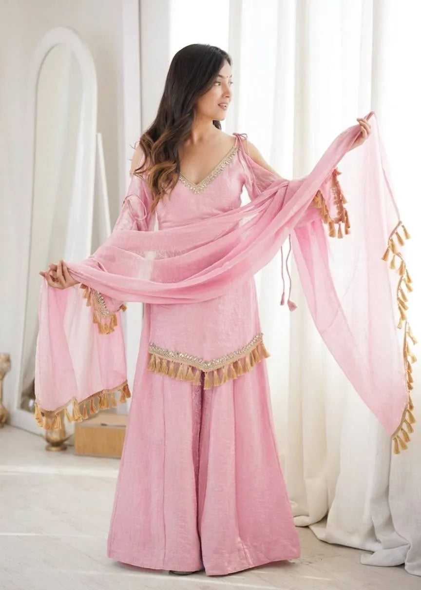 Pink Designer Doremon Crush Palazzo Set