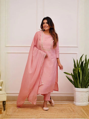 pink rayon slub embellished pant set