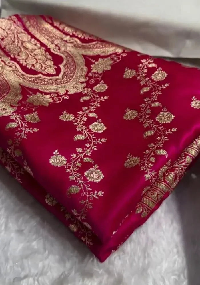 pink satin banarasi saree