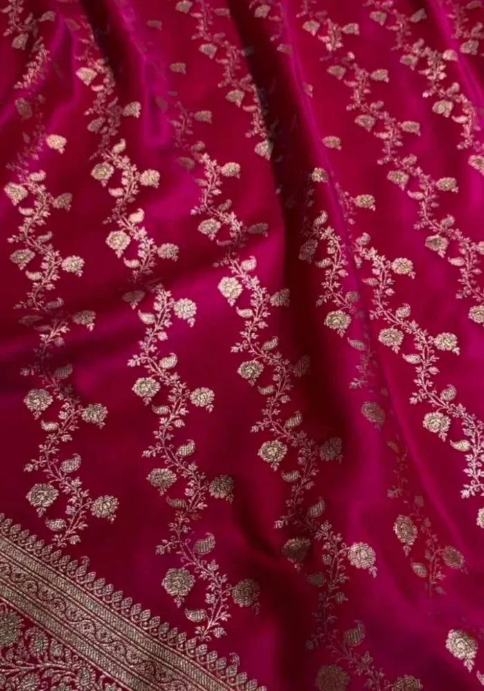 pink satin banarasi sari