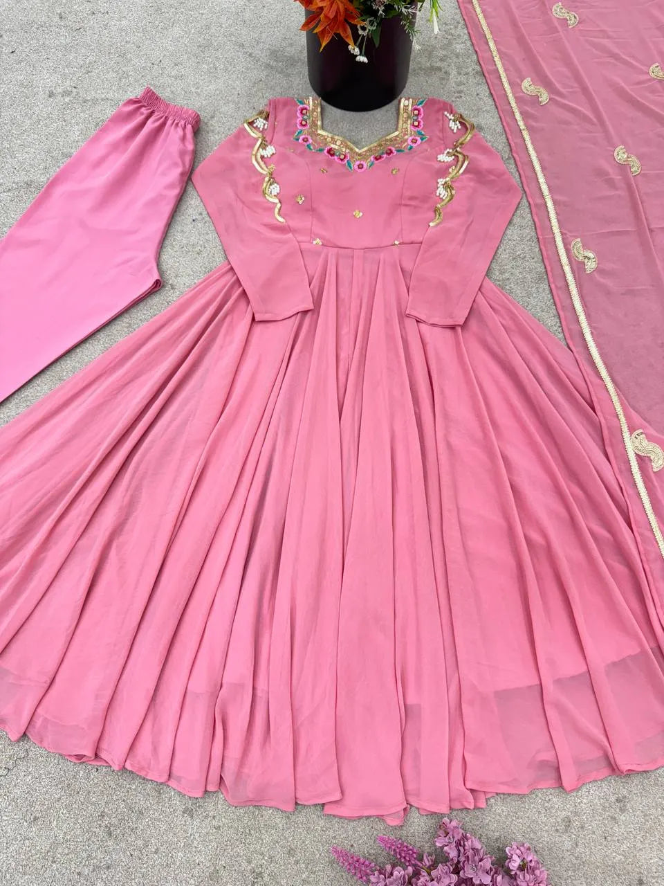 Pink Embroidered Flared Anarkali Suit