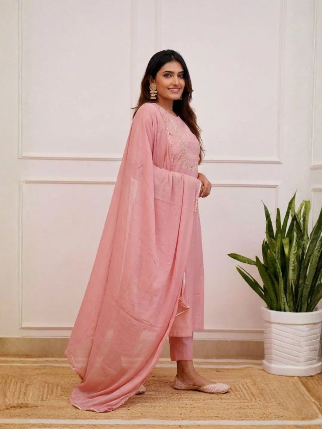 pink rayon slub embellished pant set