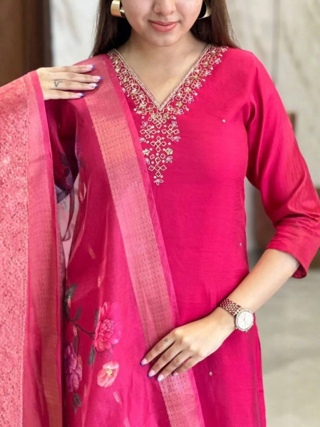 pink viscose chanderi embroidered kurta set