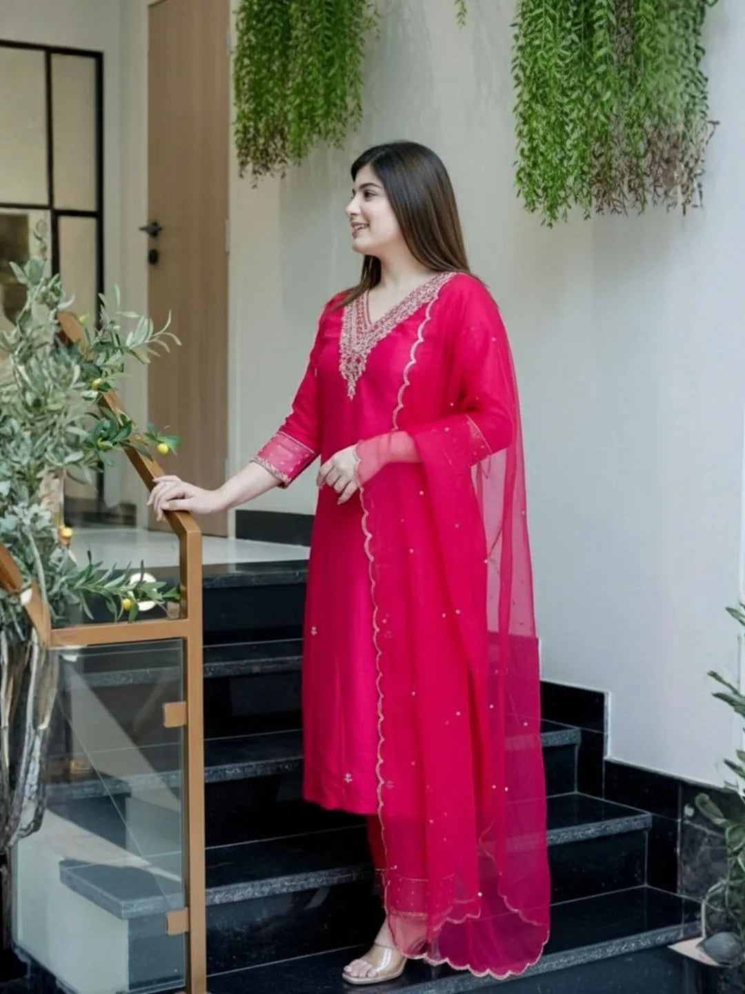 pink viscose chanderi kurta set