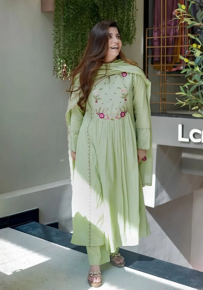 pista green embroidered anarkali kurta set