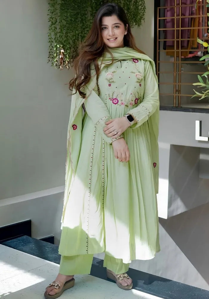 pista green embroidered chanderi silk-anarkali kurta set