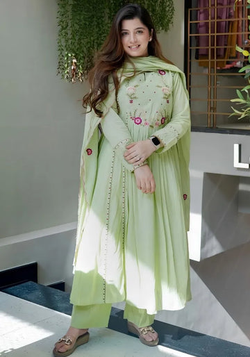 pista green embroidered chanderi silk-anarkali kurta set