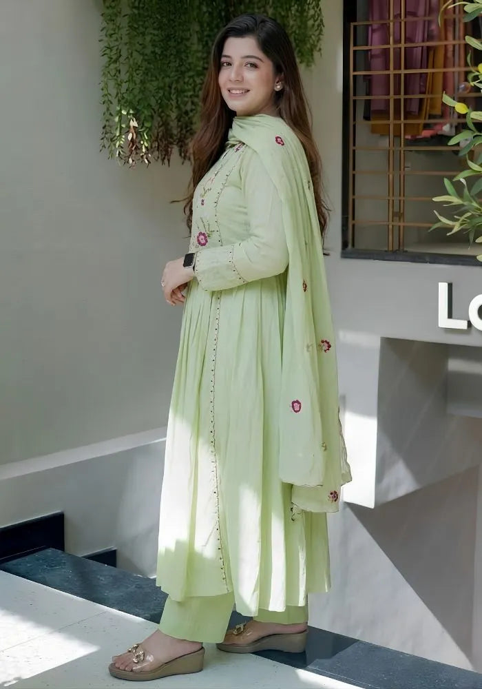 pista green embroidered silk anarkali kurta set