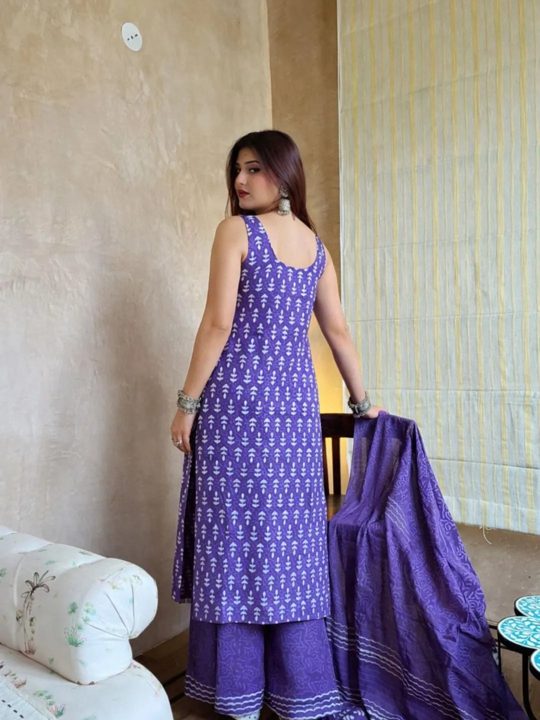 lavender printed silk nyra cut kurta set
