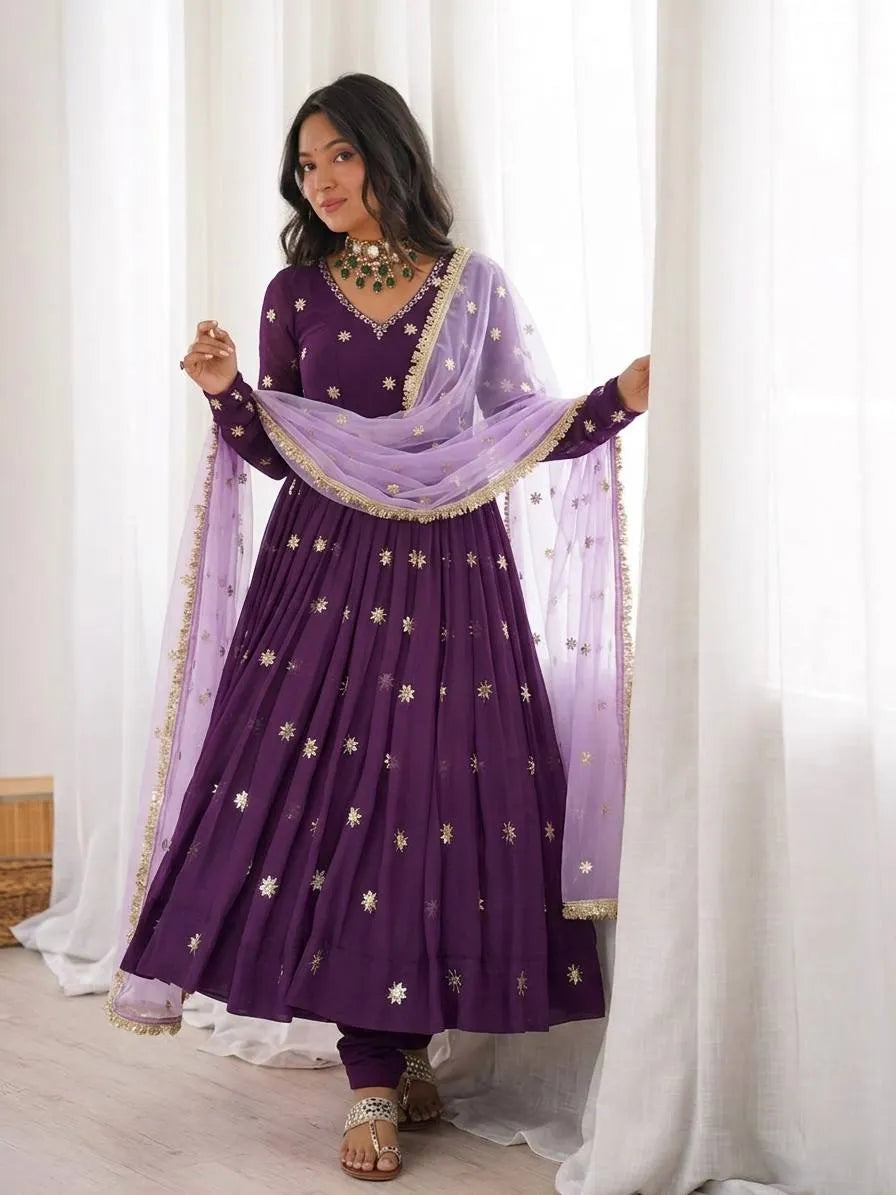 Purple Embroidered Faux Georgette Flared Anarkali Suit