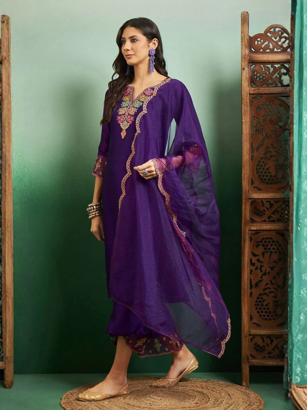 purple chanderi embroidered kurta pant set