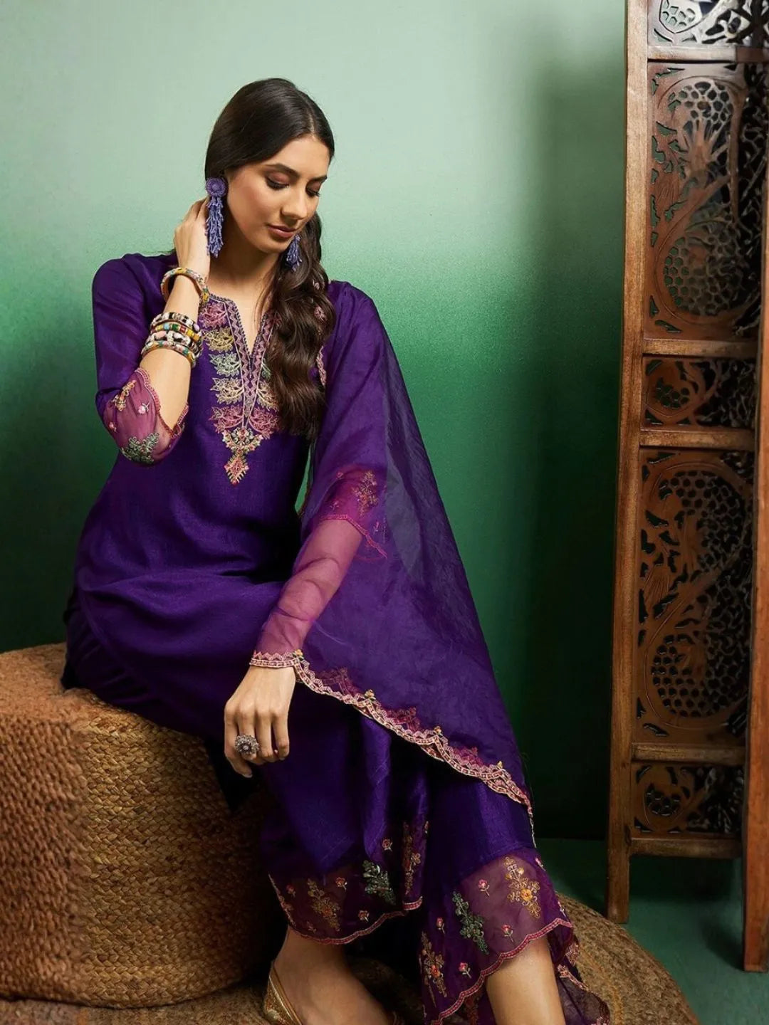 purple chanderi kurta pant set