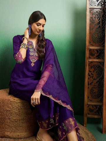 purple chanderi kurta pant set