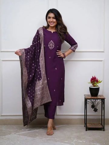 purple embroidered chanderi kurta pant set