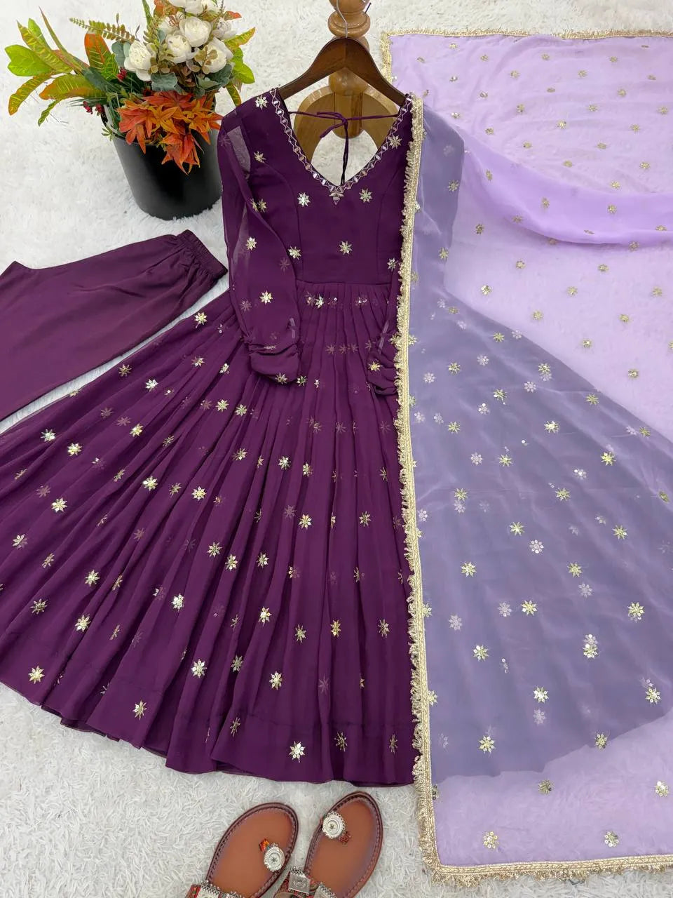 Purple Embroidered Faux Georgette Flared Anarkali Suit