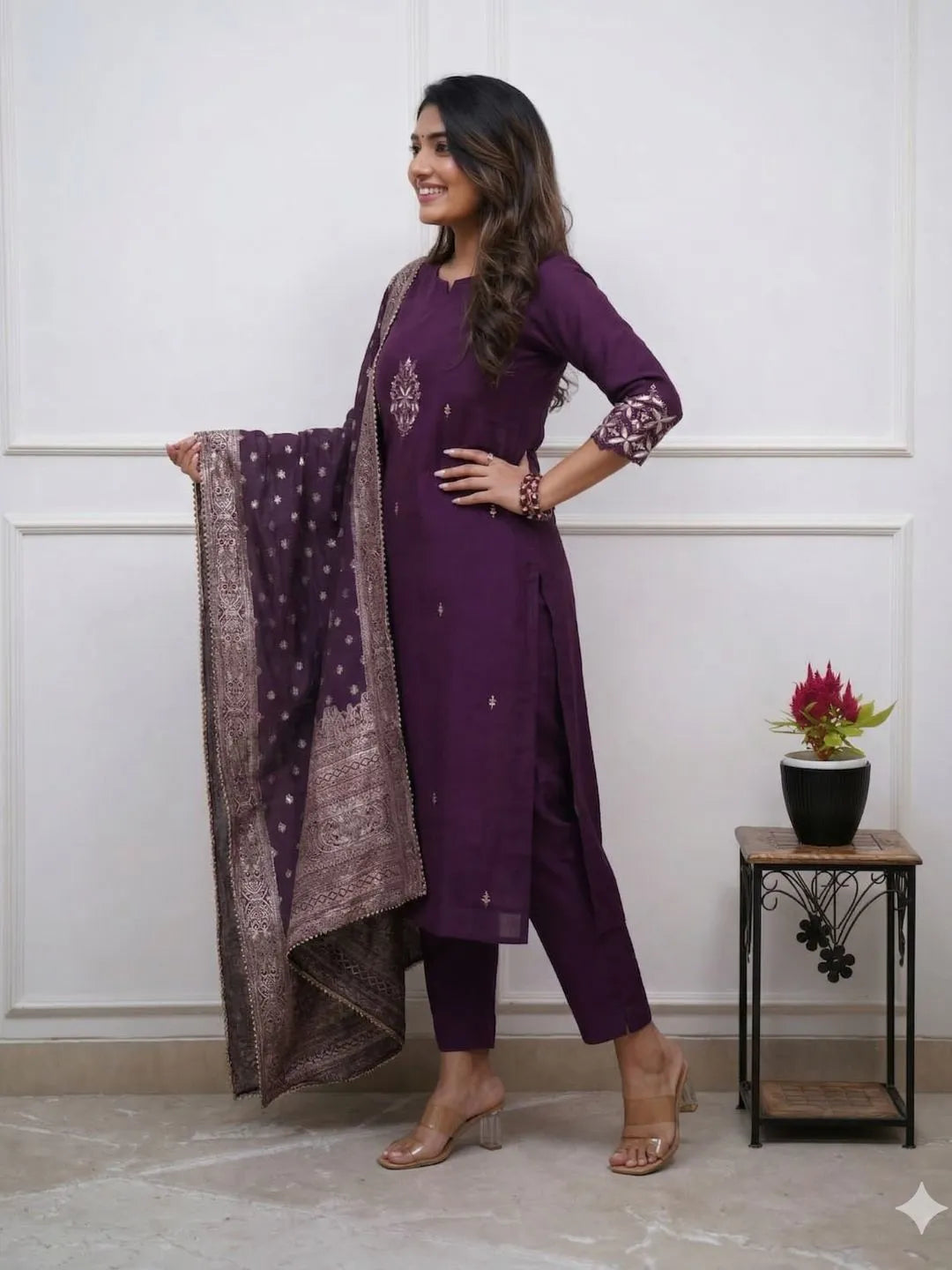 purple embroidered chanderi kurta pant set