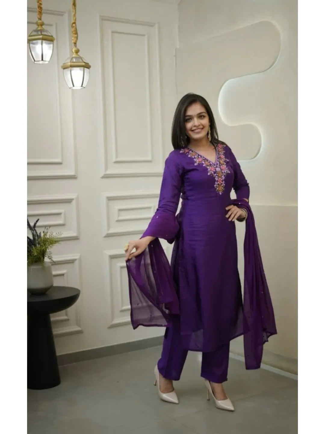 purple embroidered kurta pant set