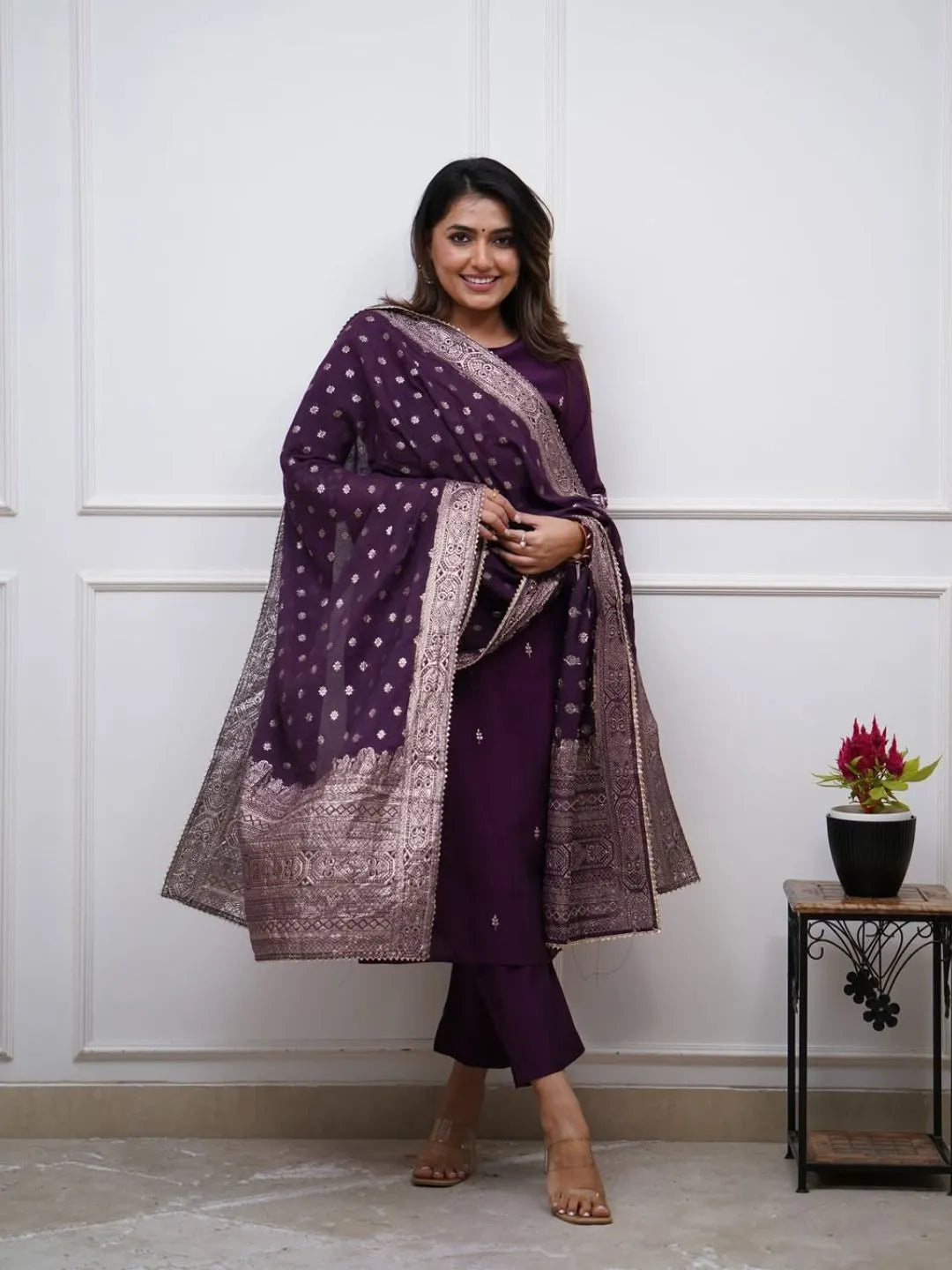 purple embroidered kurta set for women