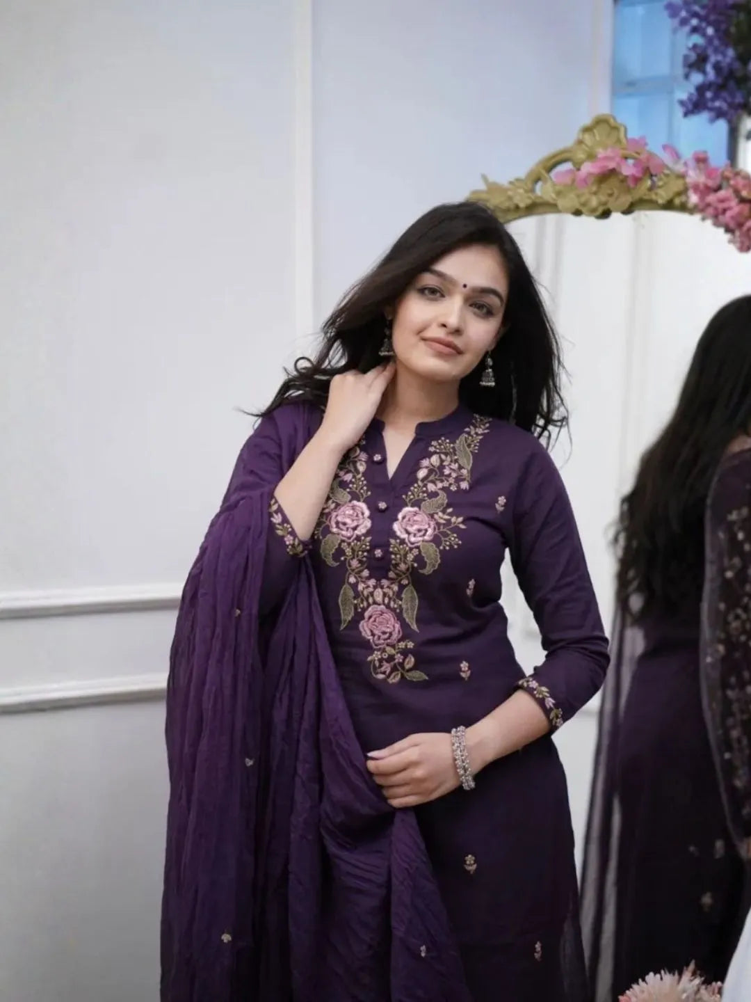 purple embroidered rayon slub kurta set