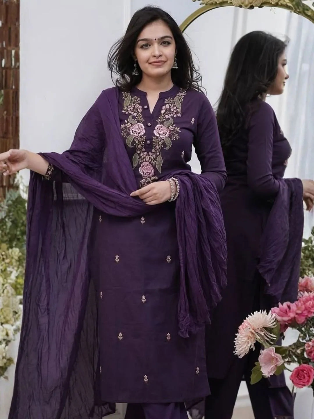 purple embroidered rayon slub kurta set