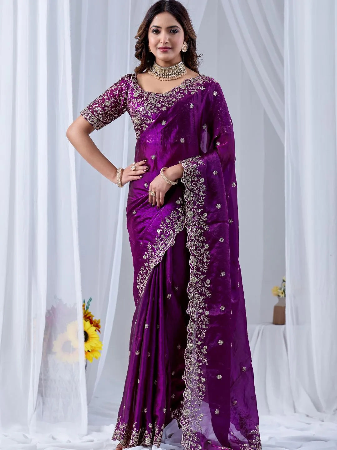 purple embroidered saree
