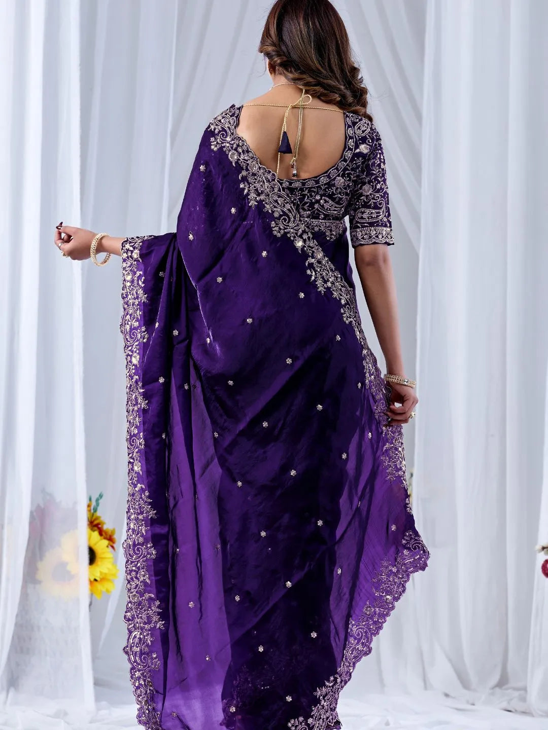 purple embroidered wedding saree
