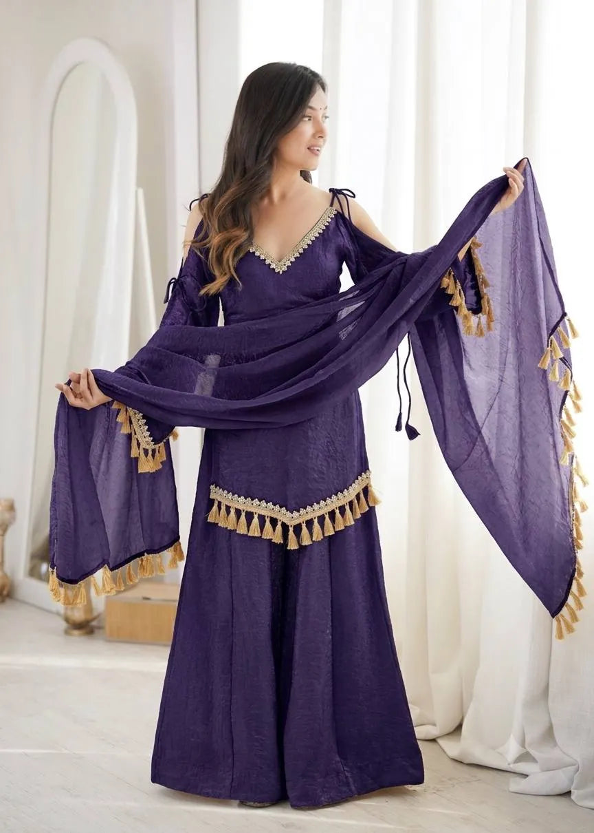 Purple Designer Doremon Crush Palazzo Set