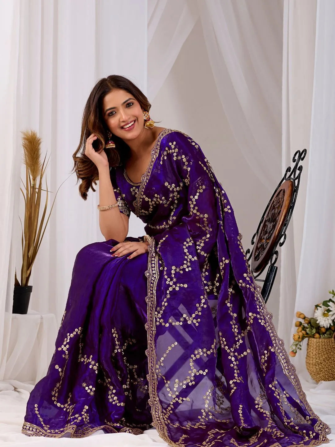 purple floral festive saree
