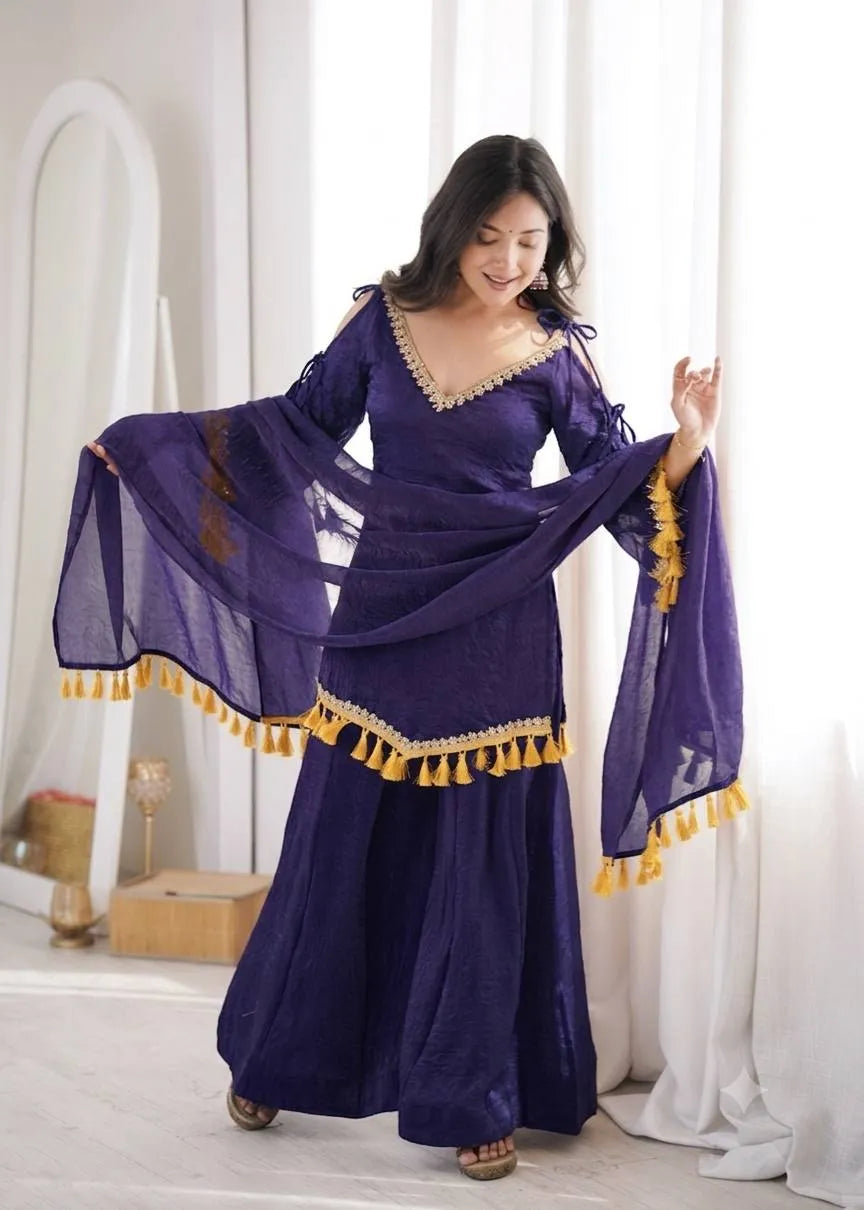 Purple Designer Doremon Crush Palazzo Set