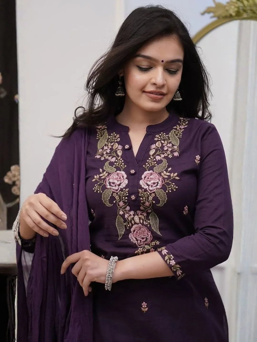 purple rayon slub kurta set