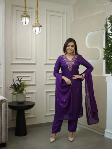 purple vichitra embroidered kurta pant set