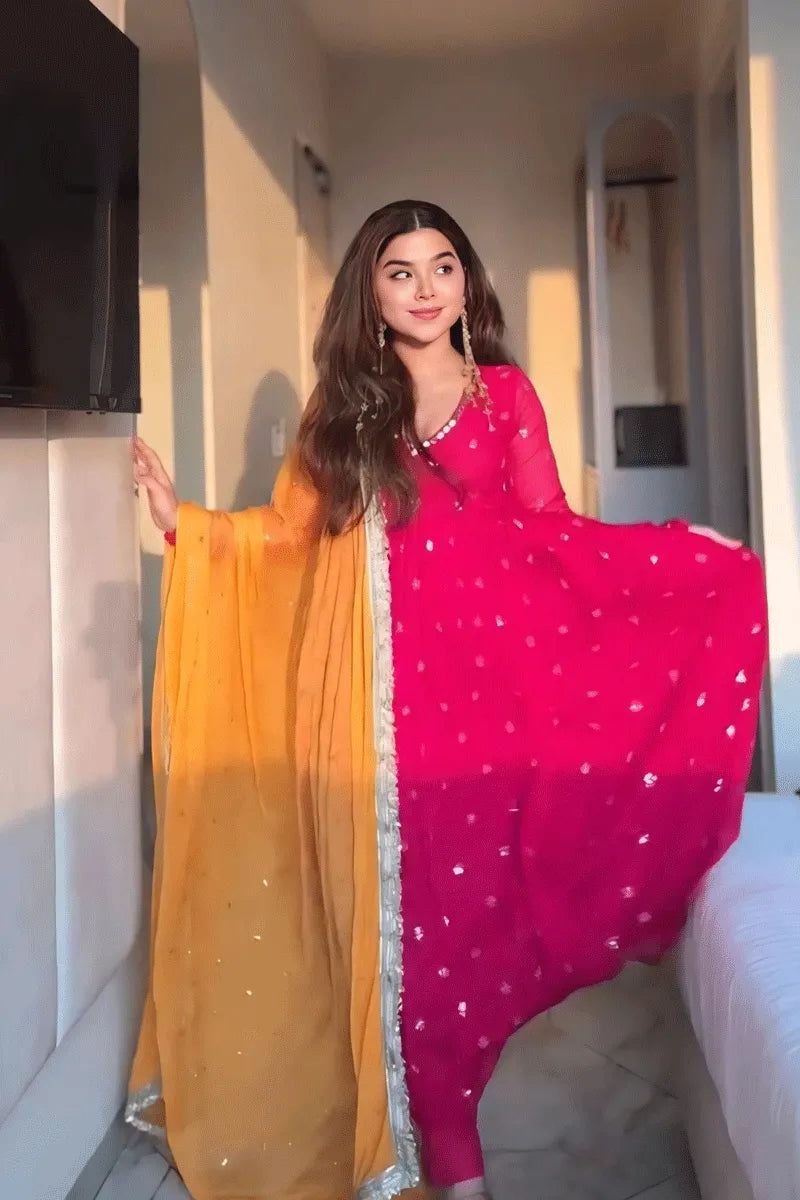 Rani Pink Embroidered Faux Georgette Flared  Anarkali Suit