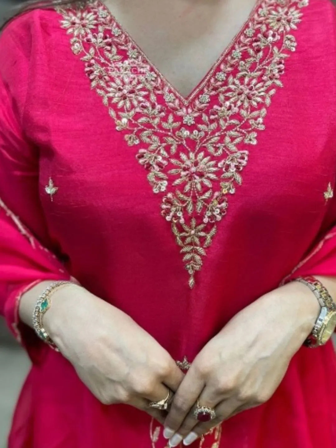 rani pink embroidered kurta pant set