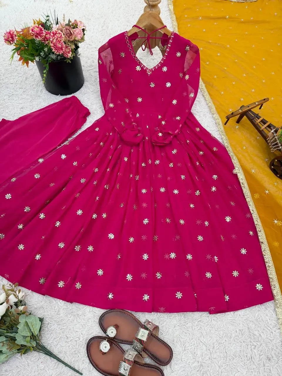 Rani Pink Embroidered Faux Georgette Flared  Anarkali Suit