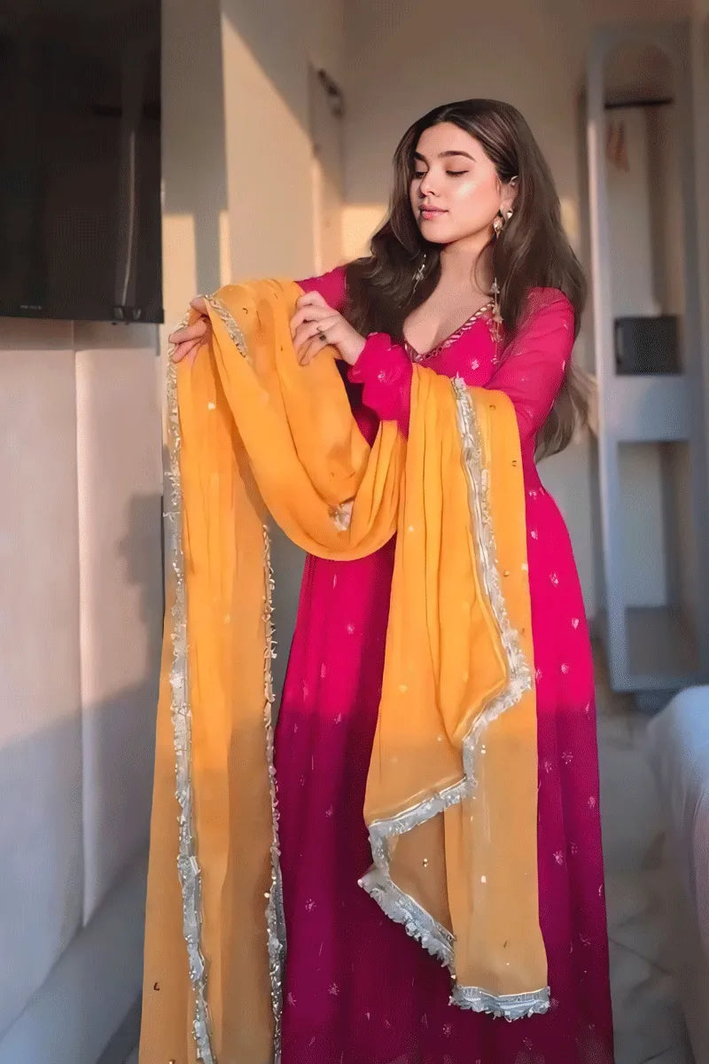 Rani Pink Embroidered Faux Georgette Flared  Anarkali Suit