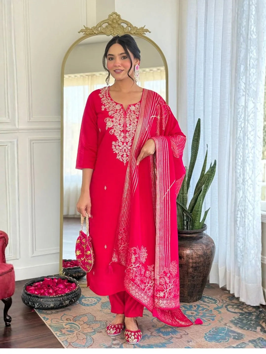 rani pink roman silk embroidered kurta pant set