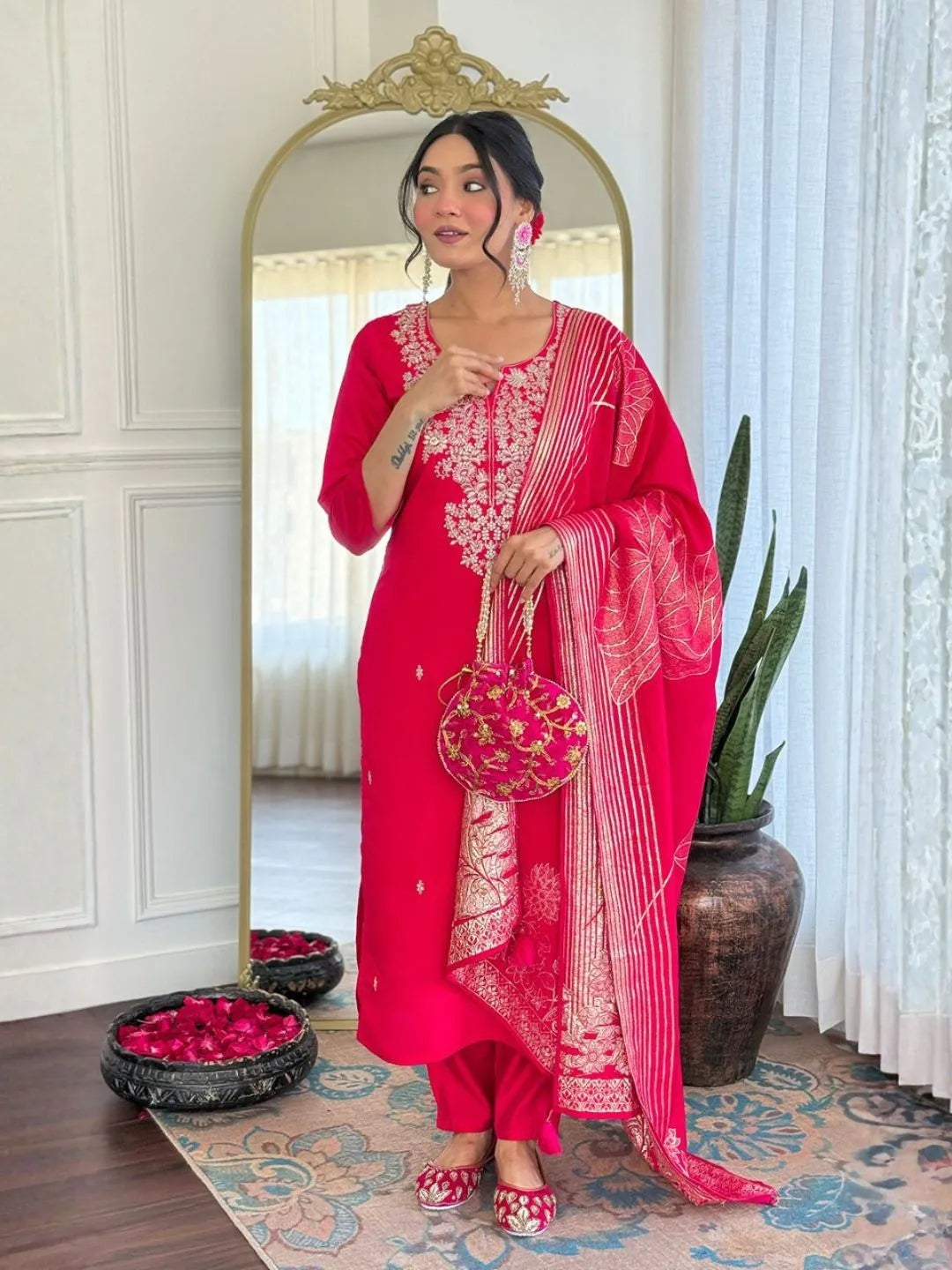 rani pink silk embroidered kurta pant set