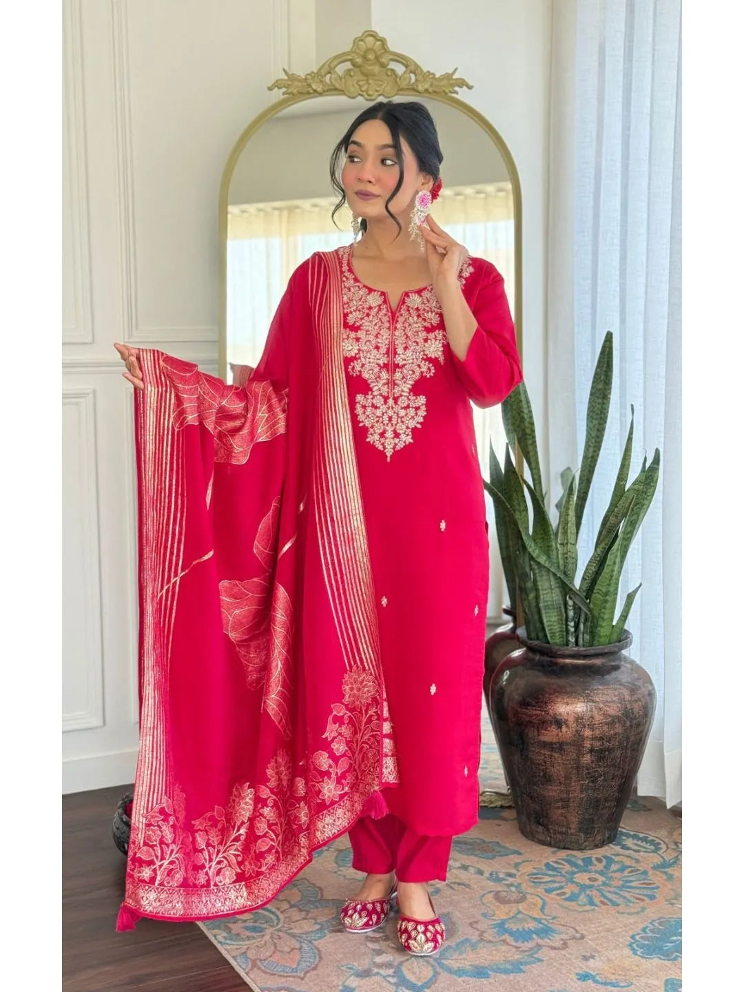 rani pink silk kurta pant set