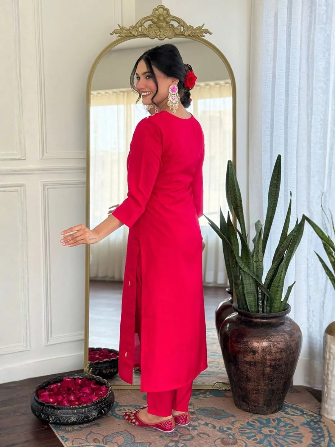 rani pink silk kurta set