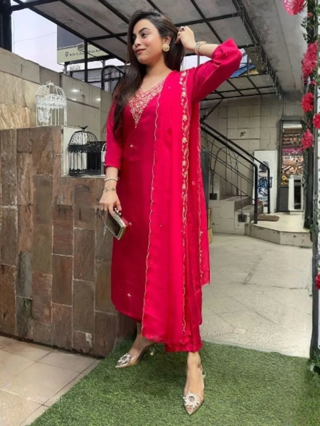 rani pink viscose chanderi-embroidered kurta pant set