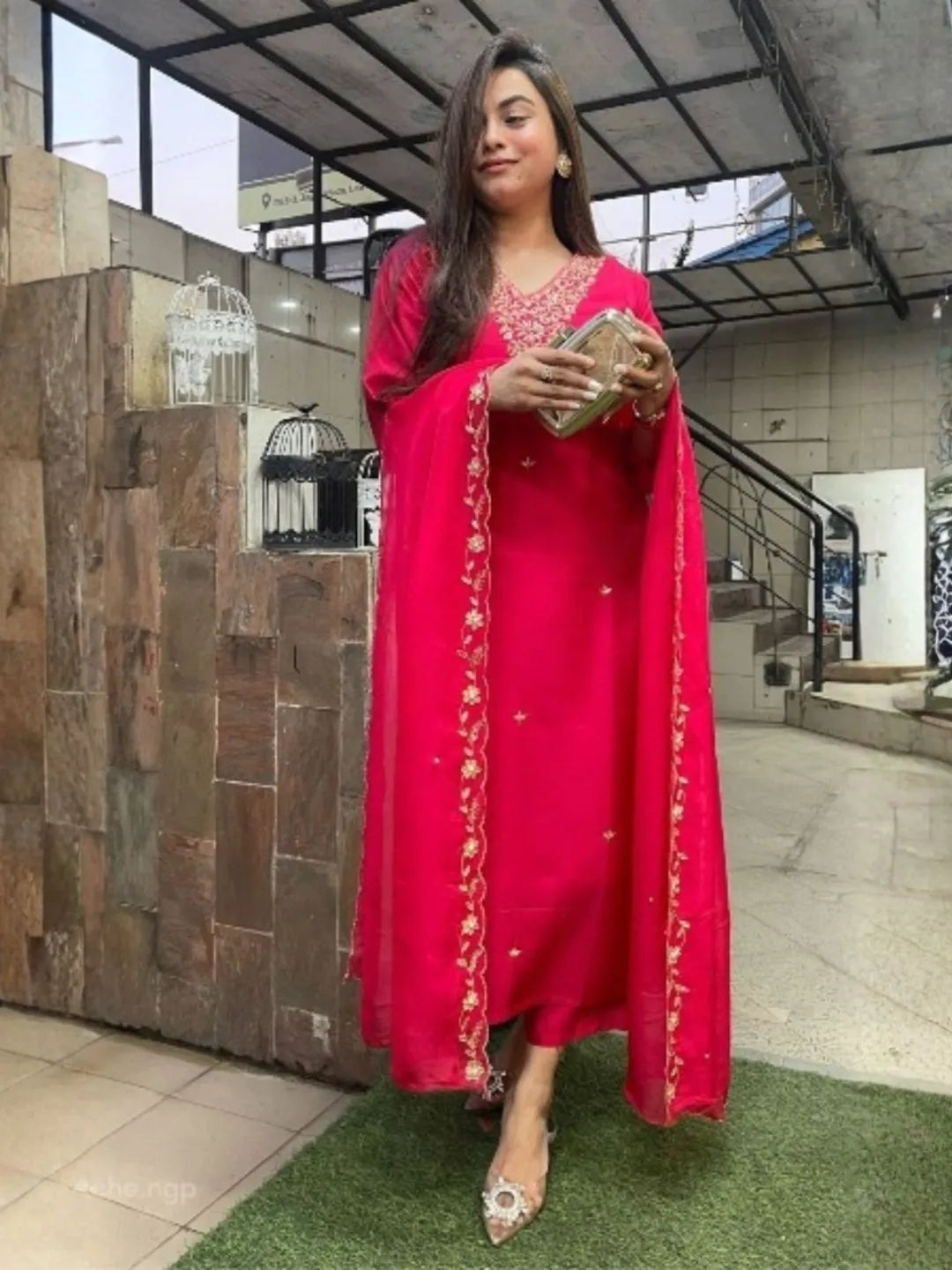 rani pink viscose embroidered kurta pant set