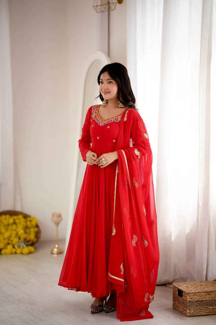 Red Embroidered Flared Anarkali Suit