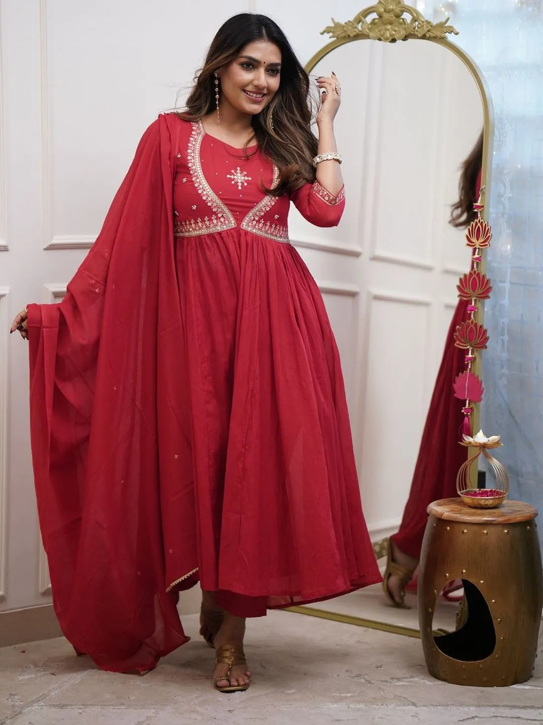 red embroidered anarkali kurta set