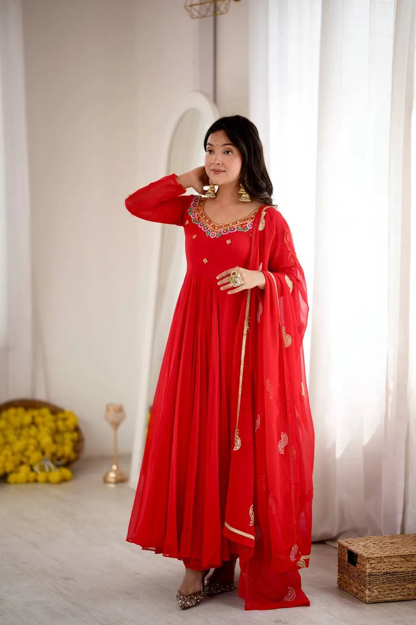Red Embroidered Flared Anarkali Suit