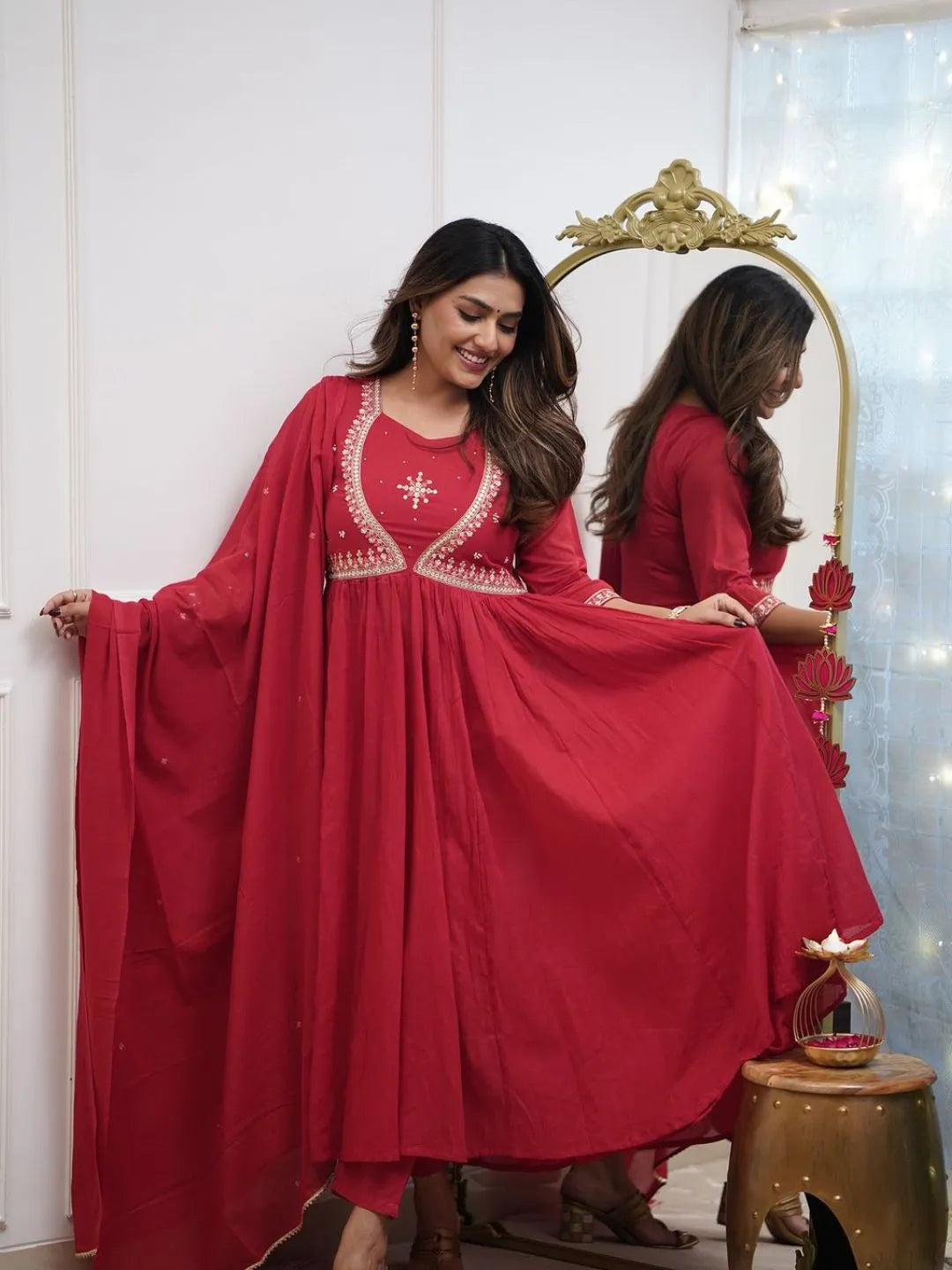 red embroidered anarkali kurta set