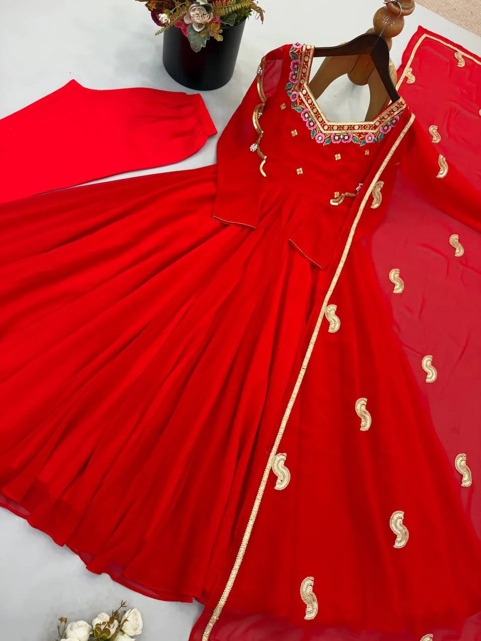 Red Embroidered Flared Anarkali Suit