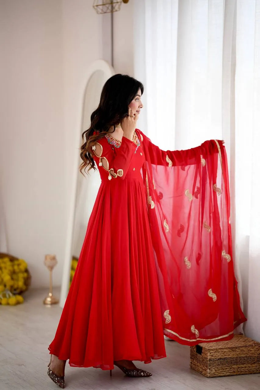 Red Embroidered Flared Anarkali Suit