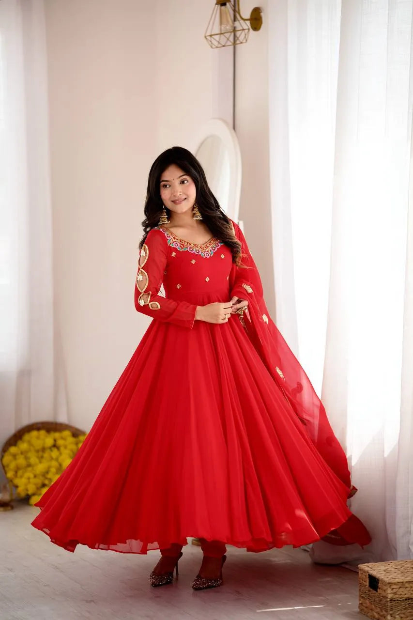 Red Embroidered Flared Anarkali Suit