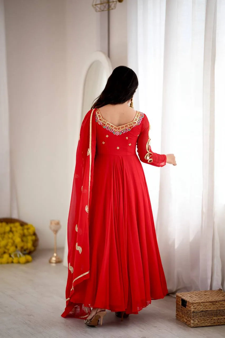 Red Embroidered Flared Anarkali Suit
