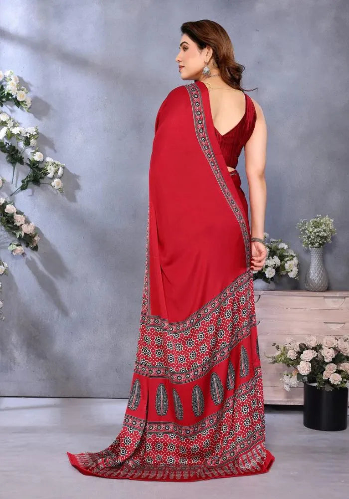 red printed designer saree